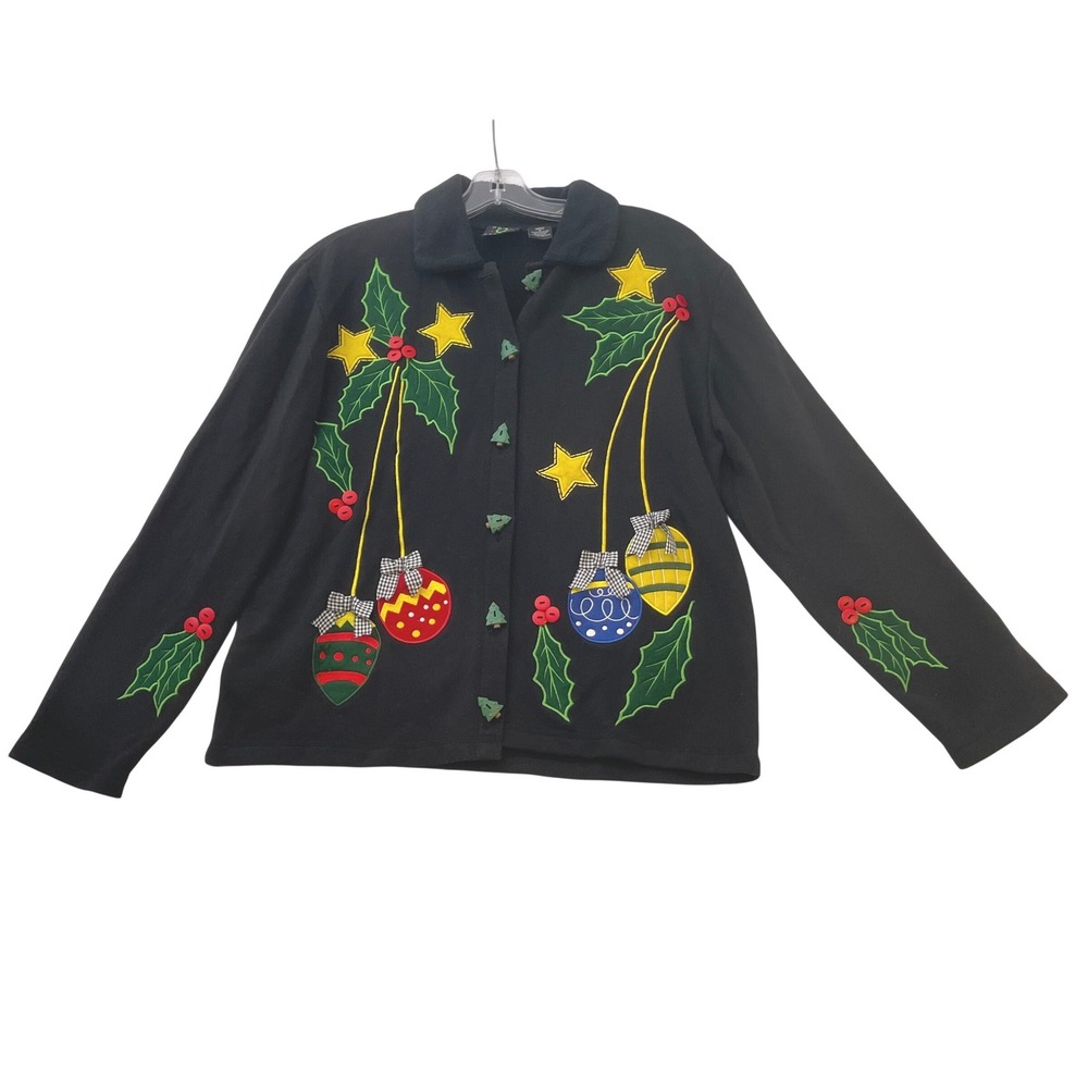 Onque Casuals Christmas Sweater Black Fleece Holiday Ornaments‎ Holly Stars XL